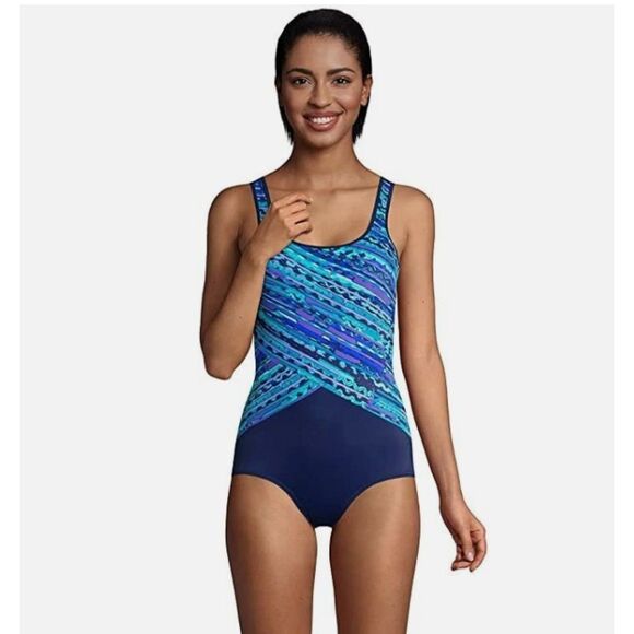 LANDS END Navy Blue Print Sz 10 Tugless Shelf Bra Soft Cup Lined 1 Pc Swimsuit - Picture 2 of 7